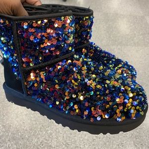 UGG CLASSIC MINI STELLAR SEQUIN BLACK BOOTS - WOMEN'S